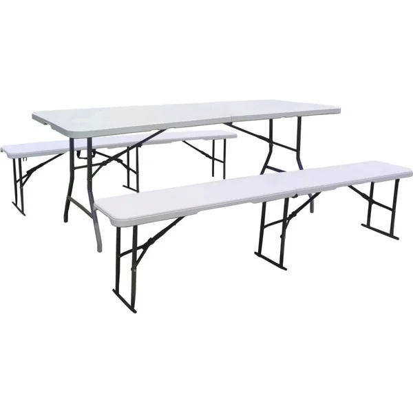 Conjunto de mesa de jardín plegable + 2 bancos "Foldy" - Blanco