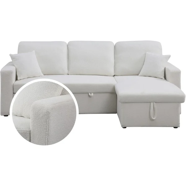 Sofá rinconera convertible/reversible con box "Alain"- 3 plazas - Bouclettes - Blanco